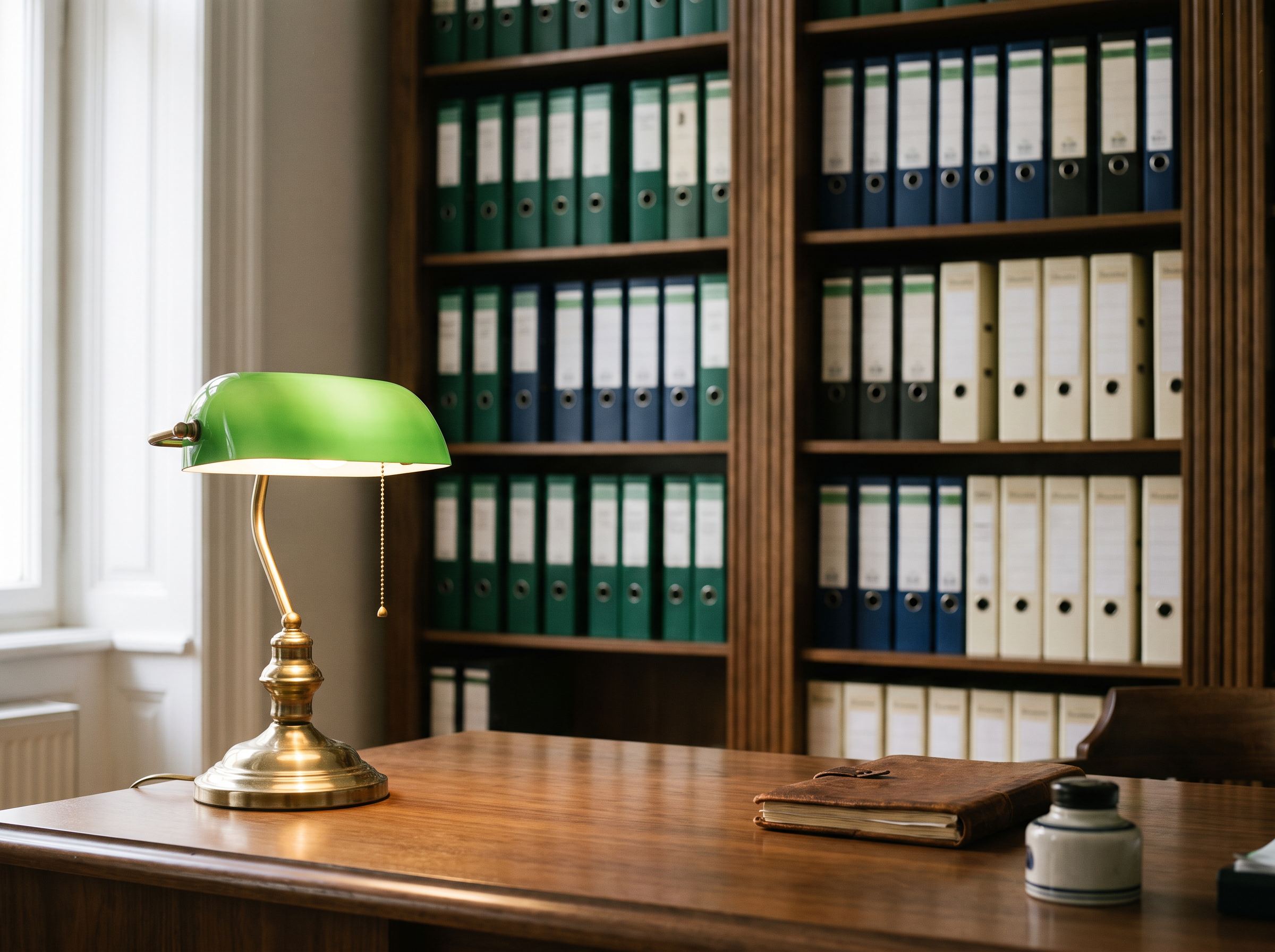 Kanzlei mit Aktenregal und grüner Bankerlampe